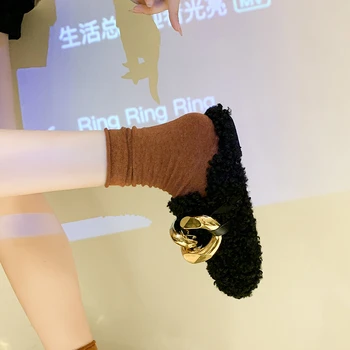2021 NAUJOS Prekės Dizaino Moterų Šlepetė Mados Aukso Grandinės Paslysti ant Mulų Batai Žiemą Šiltas ėriukų vilna Skaidres Atsitiktinis Butas Flip Flop