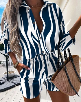 2VNT Vasaros Moterų Atsitiktinis Zebra Juostele Mygtuką Dizainas ilgomis Rankovėmis Atsitiktinis Marškinėliai Lounge Šortai Nustatyti, Elegantiškas Dviejų dalių Kostiumai, darbo drabužiai