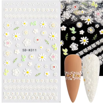 5D Pakabukai Įspaustu Gėlių Nėrinių Nagų Lipdukai Gėlių Nėrinių Balta Išgraviruotas Dizaino Su Tekstūra Slankiklį, Lipdukai, Manikiūro Vestuvių
