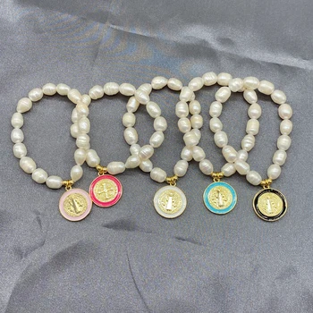 5vnt/Daug Religija Asmenybės San Benito Kryžiaus Monetos Gėlavandenių Perlų Apyrankės
