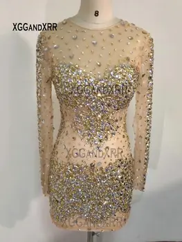 Apsvaiginimo Ilgomis Rankovėmis Trumpas Prom Dress Seksuali Iliuzija Dizaino Sunkiųjų Duobute Kristalų Apvalkalą Mini Baigimo Šalis Suknelė