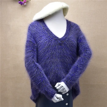 Aukščiausios kokybės ponios megztinis vientisų v-kaklo, ilgomis rankovėmis, minkšta angoros triušio kailio megzta palaidinė baisc puloveriai megztinis moteriška