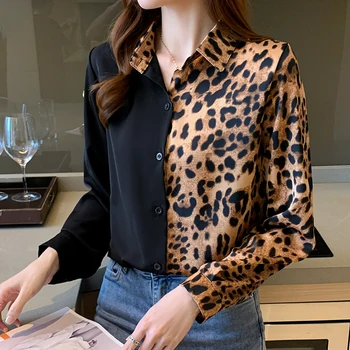 Euramerican Mados Moterų Top Marškinėliai Leopardas Spausdinti Ilgomis Rankovėmis Marškiniai Ir Palaidinukės Elegantiškos Moters Drabužių Blusa