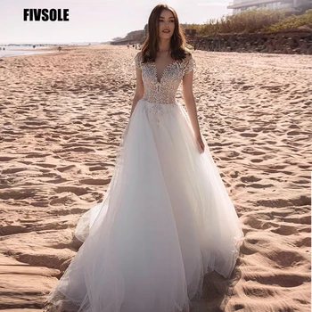 Fivsole Afrikos Vestuvių Suknelės 2021 Mados Tiulio Appliques Lentjuostės Blizgančiais Trumpomis Rankovėmis, Vestuvių Suknelė Paplūdimio Nuotakos Suknelė