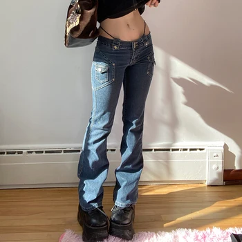 HEYounGIRL 2000-ųjų Estetinės Žemas Augimas Moteris, Džinsai Atsitiktinis korėjos Medvilnės Kišenėje Džinsinio audinio Kelnės Mados Liesas Kelnės Capri Streetwear
