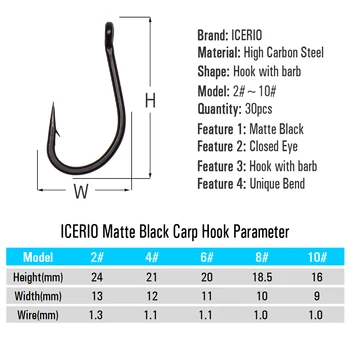 ICERIO 30PCS Matinė Juoda Karpių Kabliukų kaltinės Plieninės Stiprus Spygliuota Pop-up Įrenginys FishHook