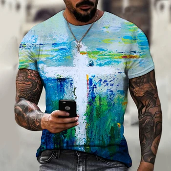 Jėzaus kryžiaus gatvės grafiti Stiliaus vyriški 3D atspausdintas T-shirt mados laisvalaikio tendencija hip-hop drabužiai, vyriški mėgstamą T-shirt
