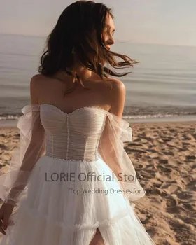 LORIE Paplūdimio Vestuvių Suknelės, Brangioji, nuo Peties Ilgio Sluoksniuotos Rankovėmis-Line Perlai Tiulio Vestuvių Suknelės, Vestuvių Suknelė 2021