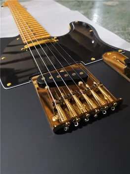 Nemokamas pristatymas custom 6 styginiai elektrinė gitara,matinės juodos spalvos korpusas,aukso privalomas,geltona klevo kaklo aukso mygtukai