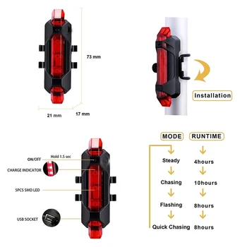 OSEVPORF Dviratis Dviračio šviesos diodų (LED) užpakalinis žibintas Galiniai Saugos Įspėjimas Dviračių Nešiojamas USB Stiliaus Įkrovimo Kalnų Dviračių Žibintai