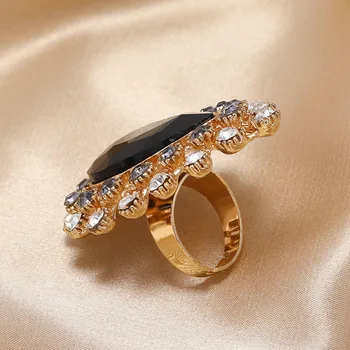 Prabangus Juodas Aišku Kristalų Žiedai Moterims Boho Reguliuojamas Aukso Papuošalai Vestuves Moterų Žiedas Anillos Naujųjų Metų Dovana