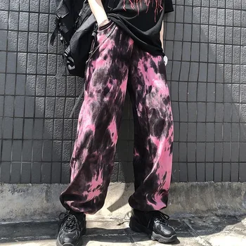 Punk Hip-Hop Negabaritinių Kaklaraištis dažų Moterų Plačios Kelnės Street Wear Palazzo Kelnės Harajuku dropshipping Medvilnės Derliaus Drabužiai, Drabužiai