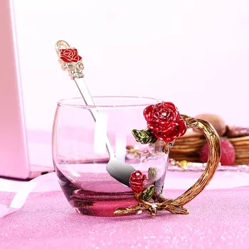 Raudona Rožė Emalio Kristalų Gėlių puodelis Arbatos Stiklo Aukštos kokybės Stiklo Taurės Gėlių Puodelis su Rankena Puiki Dovana Vestuvių Mylėtojas