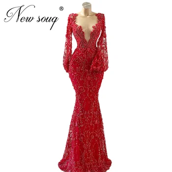 Raudona Undinėlės Vakarinę Suknelę Ilgai Prabangių V Kaklo Dubajus Couture Moterų Vakarėlis Vakare Dėvėti Drabužius, Plius Dydis Karoliukai Prom Dresses 2022