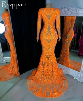 Realios Nuotraukos Ilgai Orange Prom Dresses 2022 ilgomis Rankovėmis Blizgančių V-kaklo Undinė Juodosios Afrikos Mergaičių Prom Chalatai Gala