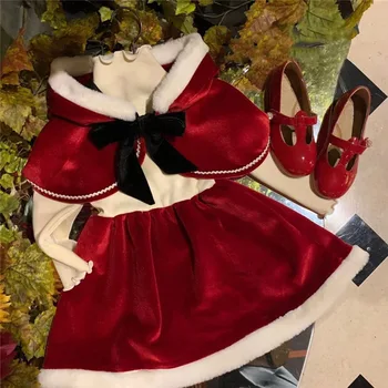 Žiemos Aukštos kokybės Raudona Švenčių Apsiaustu, Plius Aksomo Kalėdų Dress Suknelė Naujųjų Metų Temperamentas Princesė Dress Cloack 2vnt